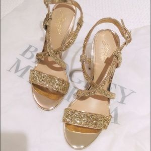 BADGLEY MISCHKA JEWEL HIGH HEEL SANDALS GOLD